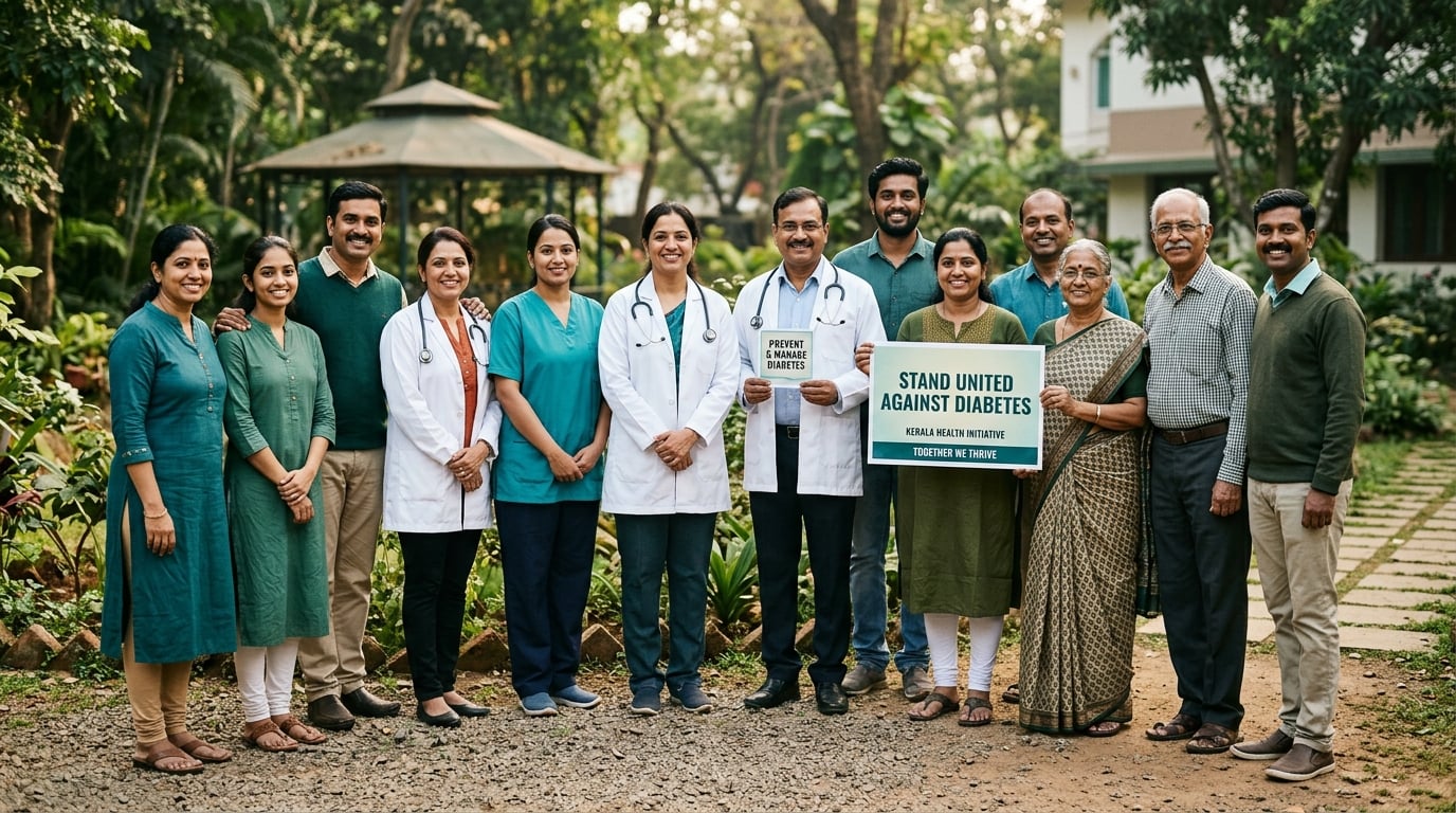 Healthcare workers and volunteers at a diabetes screening camp